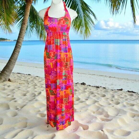 Accentuette Vintage 60s 70s Neon Pink Nylon Maxi Halter Summer Dress Size 36B - Picture 1 of 11